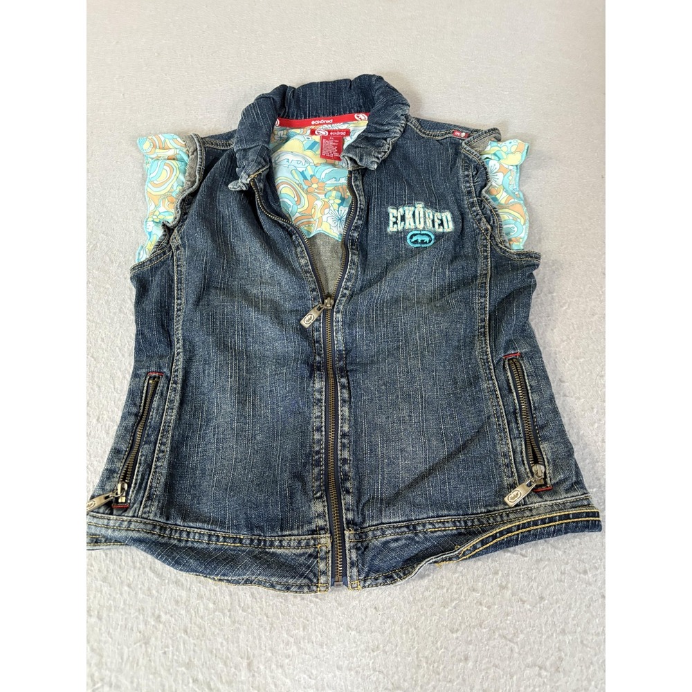 Ecko‎ Red Denim Vest Womens XL Blue Zip Front Embroidered Logo Floral Lining